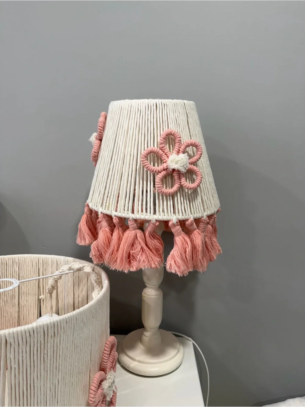 Handmade Cream and Pink Floral Macrame Table Lamp and Shade Set